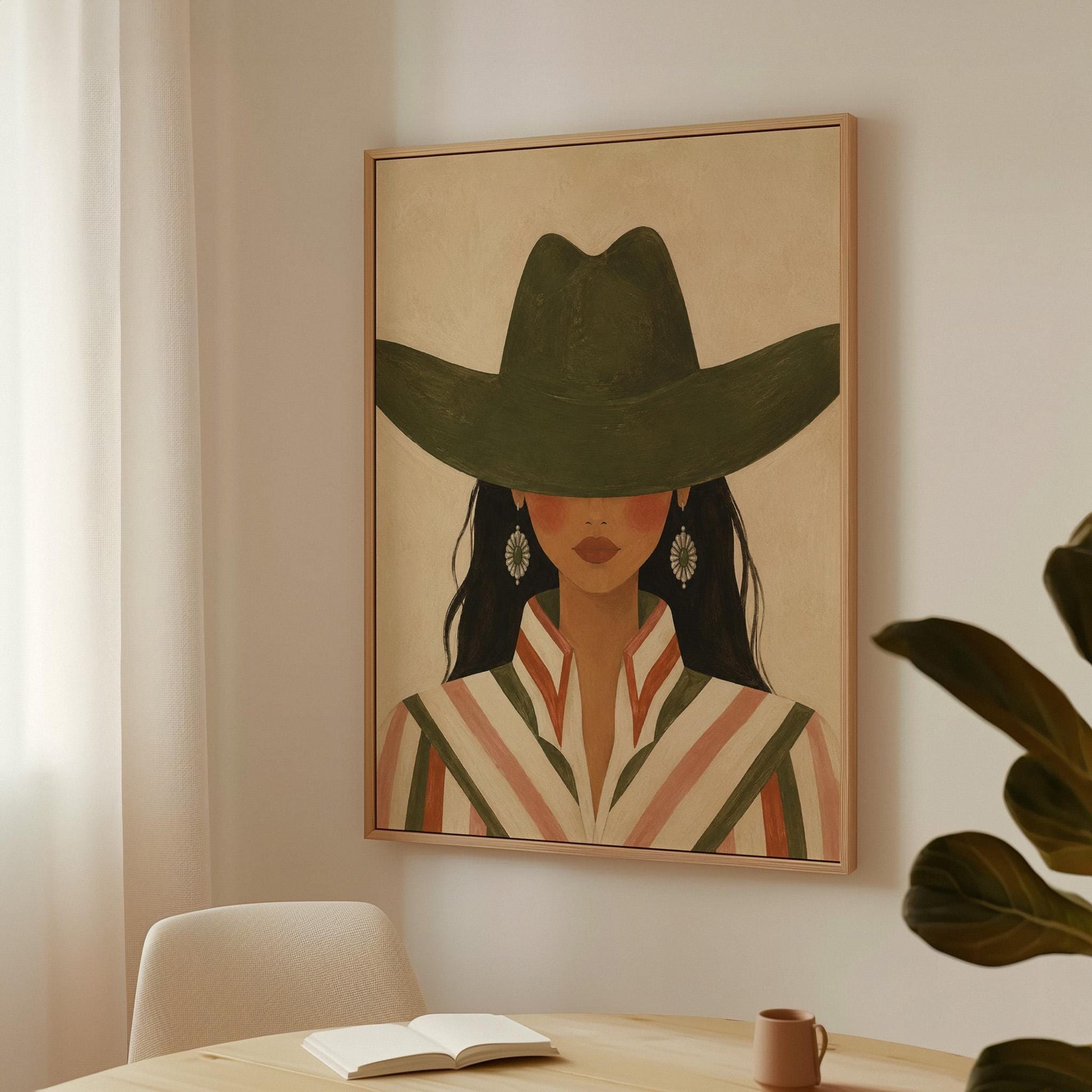 Cowgirl under a deep green hat with concho earrings and a striped western shirt, canvas wall art hanging in a calm, modern living space