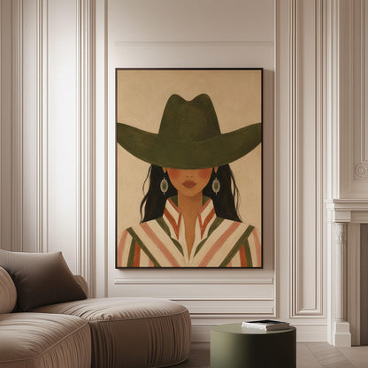 Cowgirl under a deep green hat with concho earrings and a striped western shirt, canvas print on a softly lit wall in a calm interior