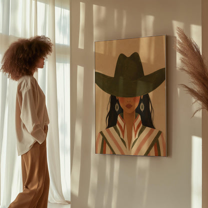 Cowgirl under a deep green hat with concho earrings and a striped western shirt, canvas wall art seen in a warm interior with natural light