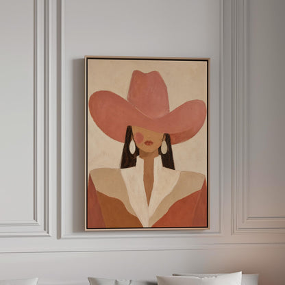 Minimal cowgirl in a coral hat and white collar with dark hair on cream, canvas print in a bright room with natural daylight
