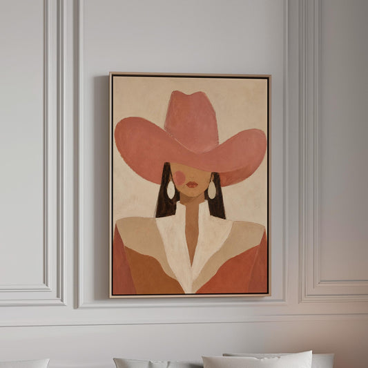 Minimal cowgirl in a coral hat and white collar with dark hair on cream, canvas print in a bright room with natural daylight