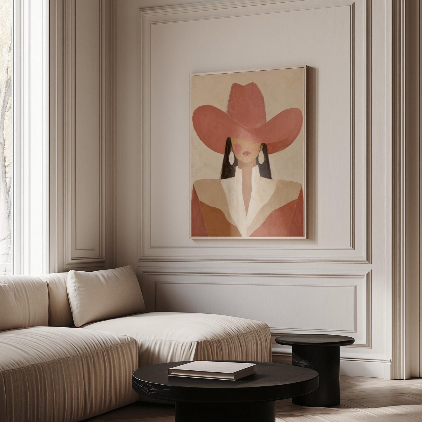 Minimal cowgirl in a coral hat and white collar with dark hair on cream, canvas print styled against a soft white wall