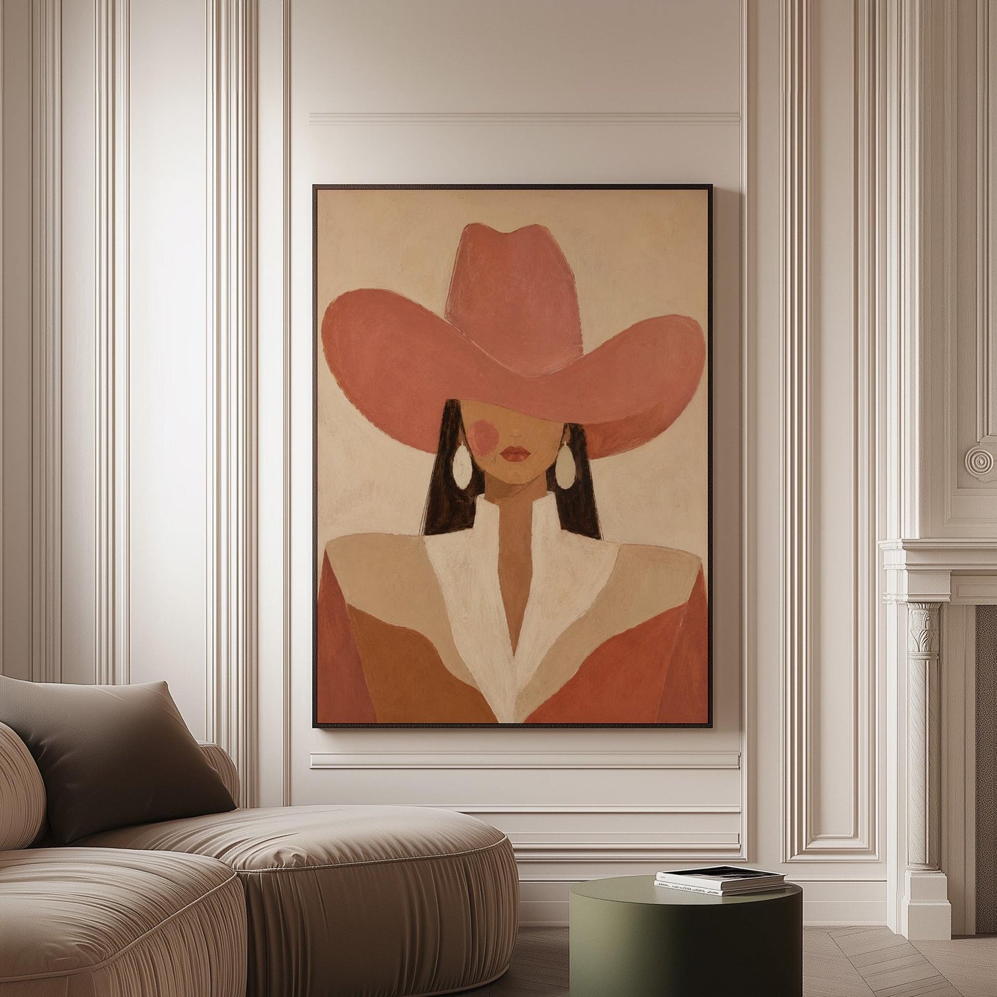 Minimal cowgirl in a coral hat and white collar with dark hair on cream, canvas print on a softly lit wall in a calm interior