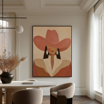 Minimal cowgirl in a coral hat and white collar with dark hair on cream, canvas wall art presented in a light, minimal room