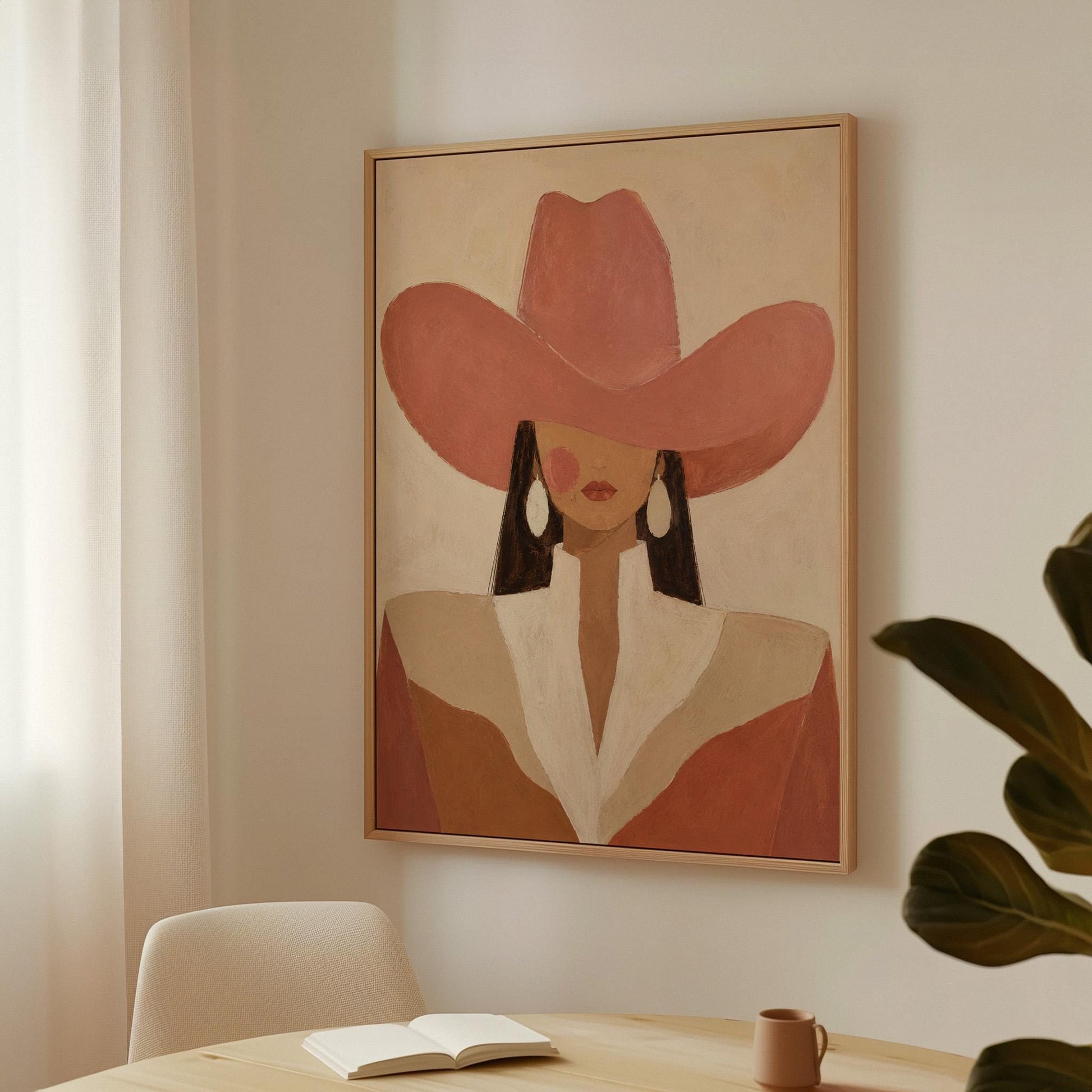 Minimal cowgirl in a coral hat and white collar with dark hair on cream, canvas wall art on a quiet wall in a considered interior