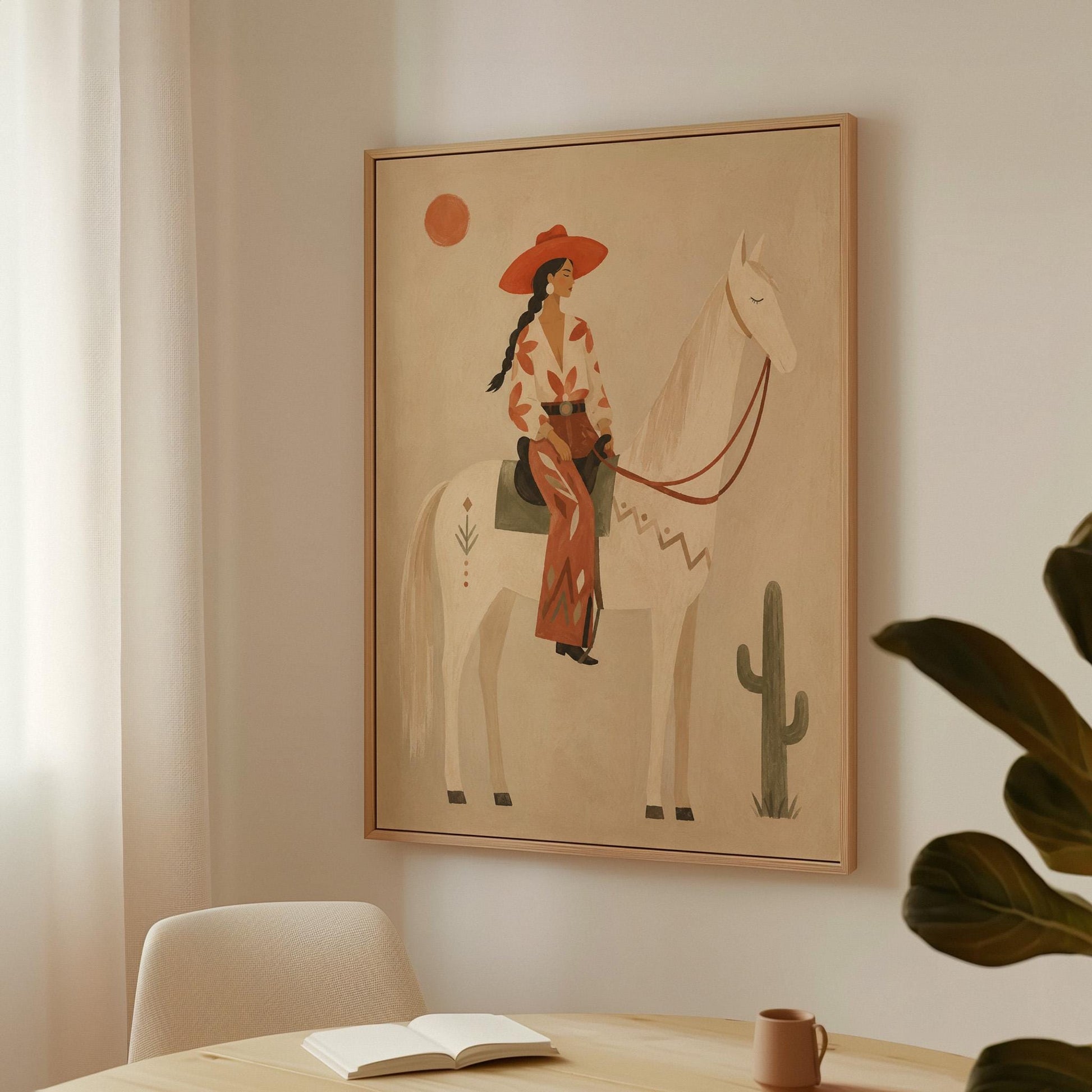 Cowgirl in a red hat sitting on a white horse beside a cactus in warm sand, canvas print seen in a warm interior with natural light