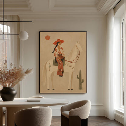 Cowgirl in a red hat sitting on a white horse beside a cactus in warm sand, canvas wall art styled against a soft white wall