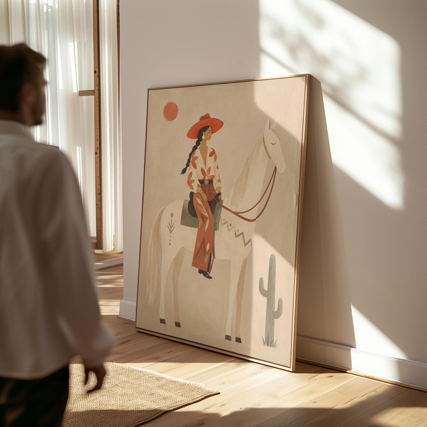 Cowgirl in a red hat sitting on a white horse beside a cactus in warm sand, canvas wall art on a quiet wall in a considered interior