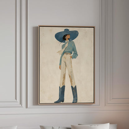 Full-figure cowgirl in a wide teal hat, blouse and boots with cream trousers, canvas print in a bright room with natural daylight