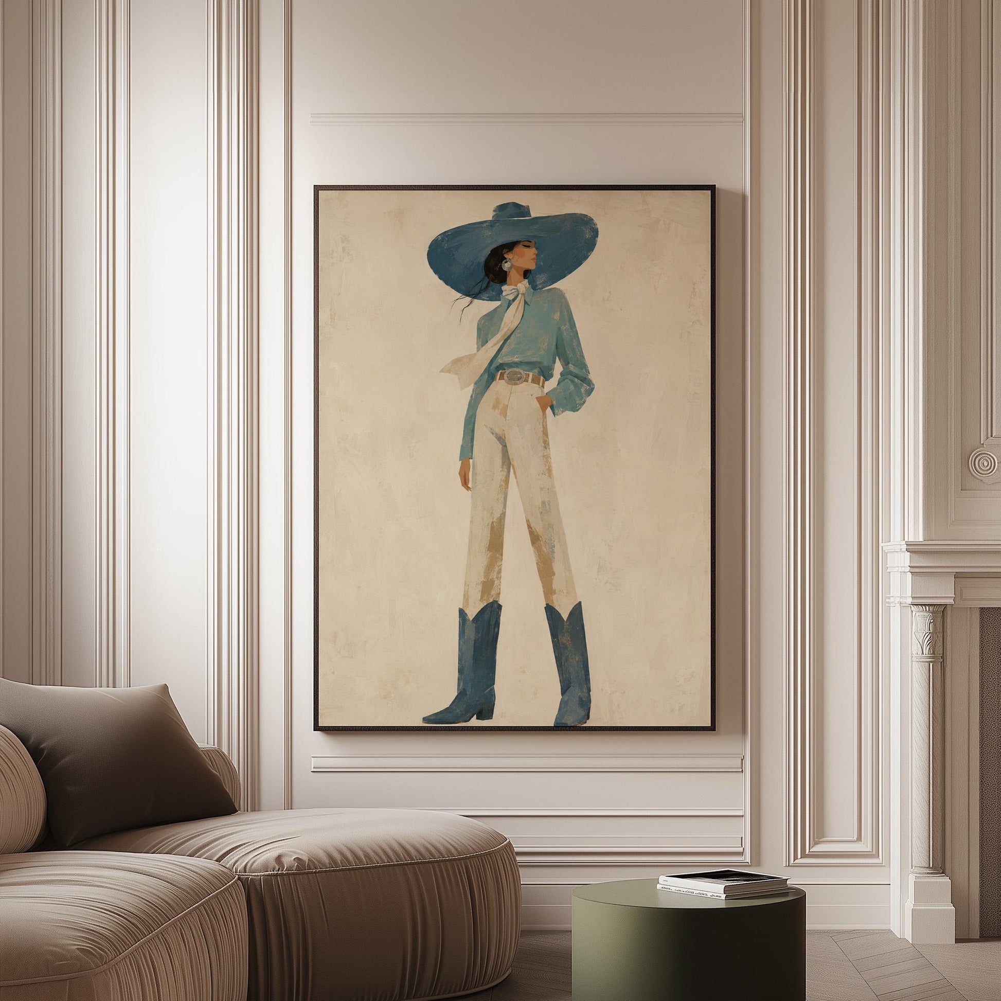 Full-figure cowgirl in a wide teal hat, blouse and boots with cream trousers, canvas print on a softly lit wall in a calm interior