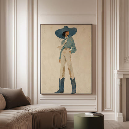 Full-figure cowgirl in a wide teal hat, blouse and boots with cream trousers, canvas print on a softly lit wall in a calm interior