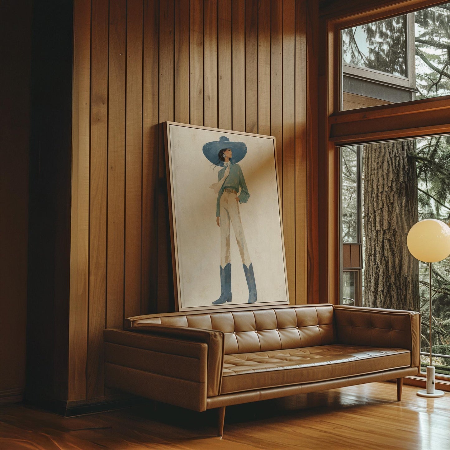 Full-figure cowgirl in a wide teal hat, blouse and boots with cream trousers, canvas print shown to scale in a furnished room
