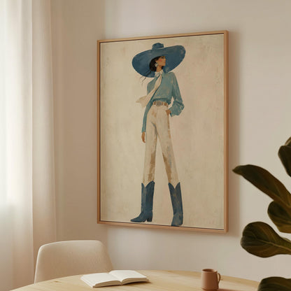Full-figure cowgirl in a wide teal hat, blouse and boots with cream trousers, canvas wall art hanging in a calm, modern living space