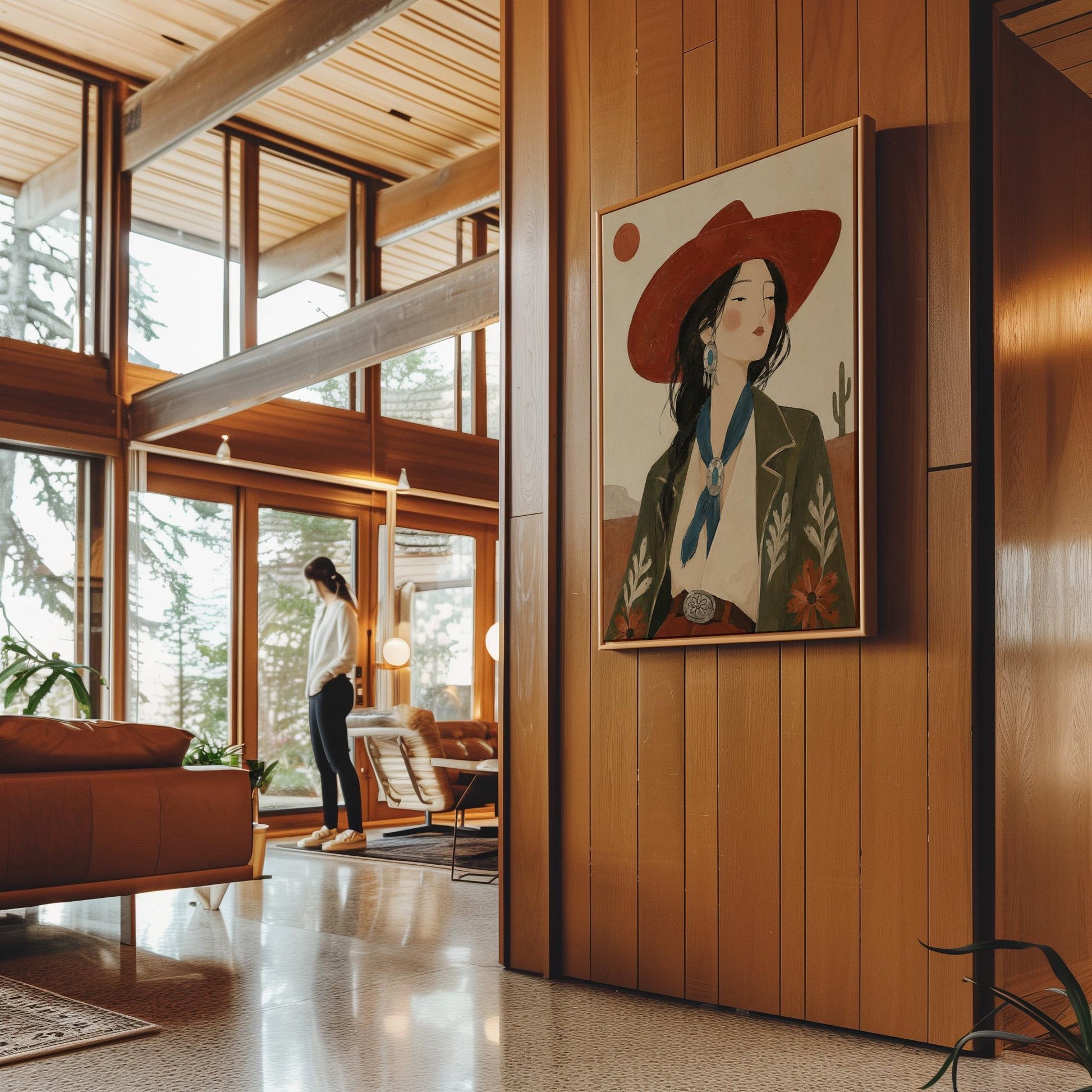 Cowgirl in a red hat and embroidered jacket with turquoise jewelry in the desert, canvas print hanging in a calm, modern living space