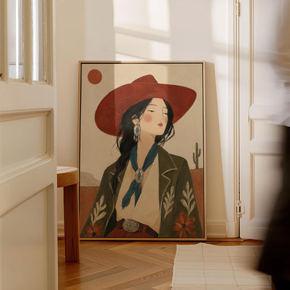 Cowgirl in a red hat and embroidered jacket with turquoise jewelry in the desert, canvas print shown in a sunlit, contemporary room