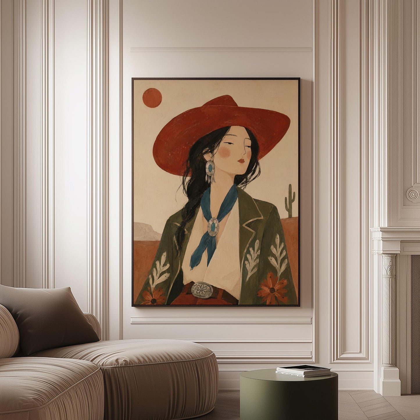 Cowgirl in a red hat and embroidered jacket with turquoise jewelry in the desert, canvas print on a softly lit wall in a calm interior