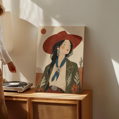 Cowgirl in a red hat and embroidered jacket with turquoise jewelry in the desert, canvas wall art seen in a warm interior with natural light
