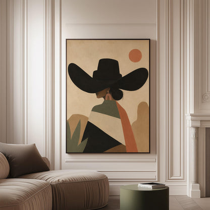 Cowgirl seen from behind in a large black hat and serape under a desert sun, canvas print on a softly lit wall in a calm interior