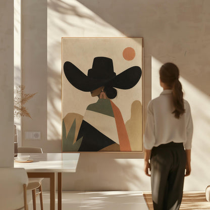 Cowgirl seen from behind in a large black hat and serape under a desert sun, canvas wall art hanging in a calm, modern living space