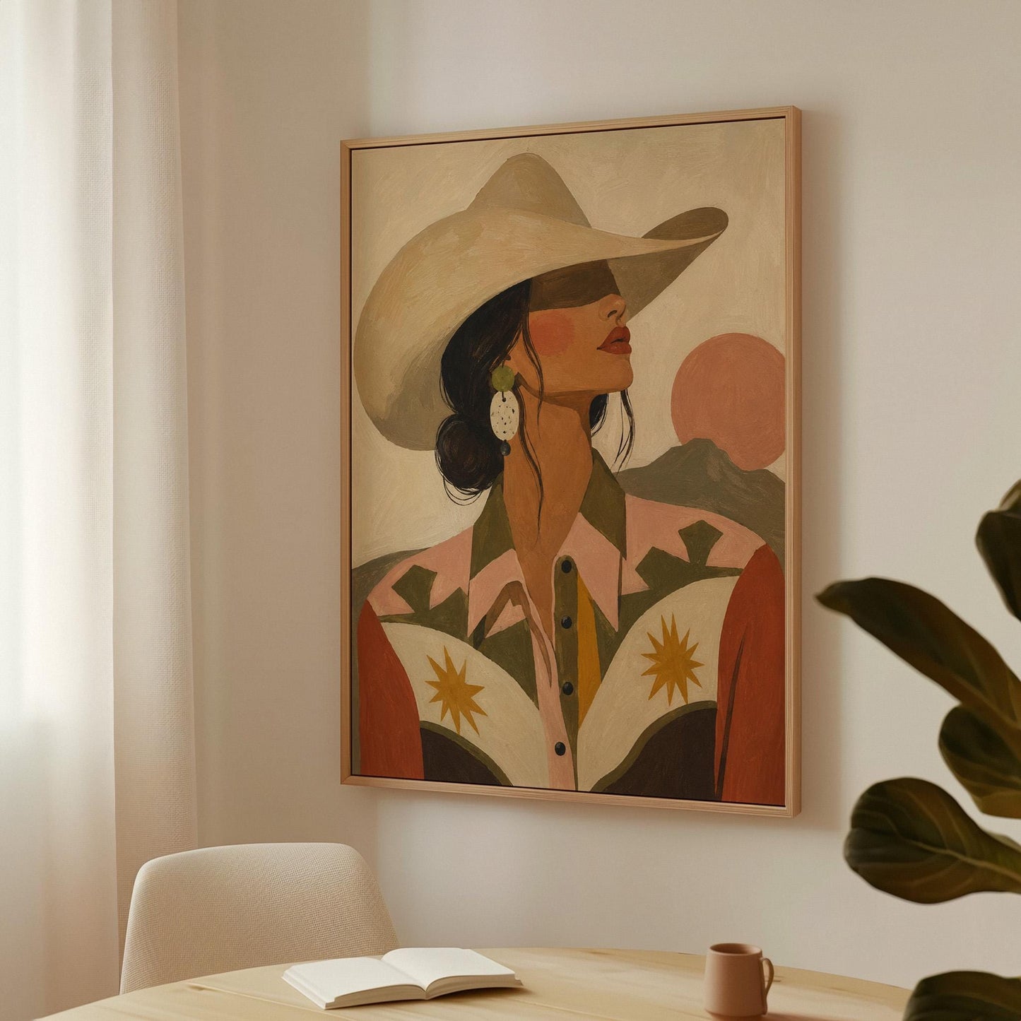 Cowgirl in profile in a cream hat and star-trimmed rodeo shirt by pink mountains, canvas print hanging in a calm, modern living space