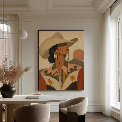 Cowgirl in profile in a cream hat and star-trimmed rodeo shirt by pink mountains, canvas wall art styled against a soft white wall