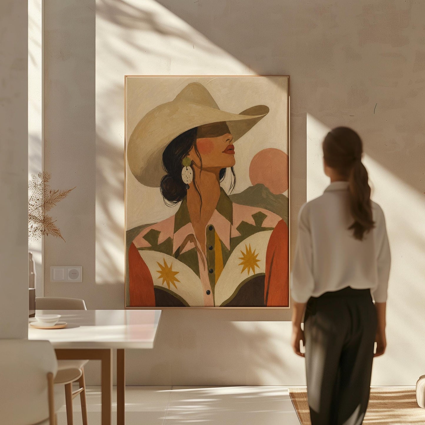 Cowgirl in profile in a cream hat and star-trimmed rodeo shirt by pink mountains, canvas print presented in a light, minimal room