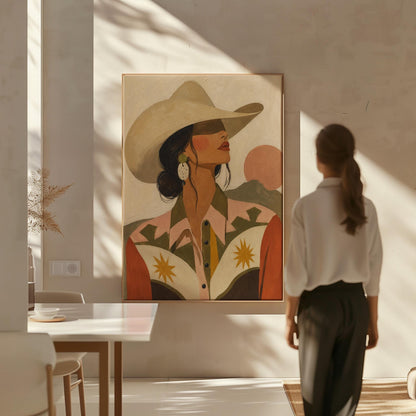 Cowgirl in profile in a cream hat and star-trimmed rodeo shirt by pink mountains, canvas print presented in a light, minimal room