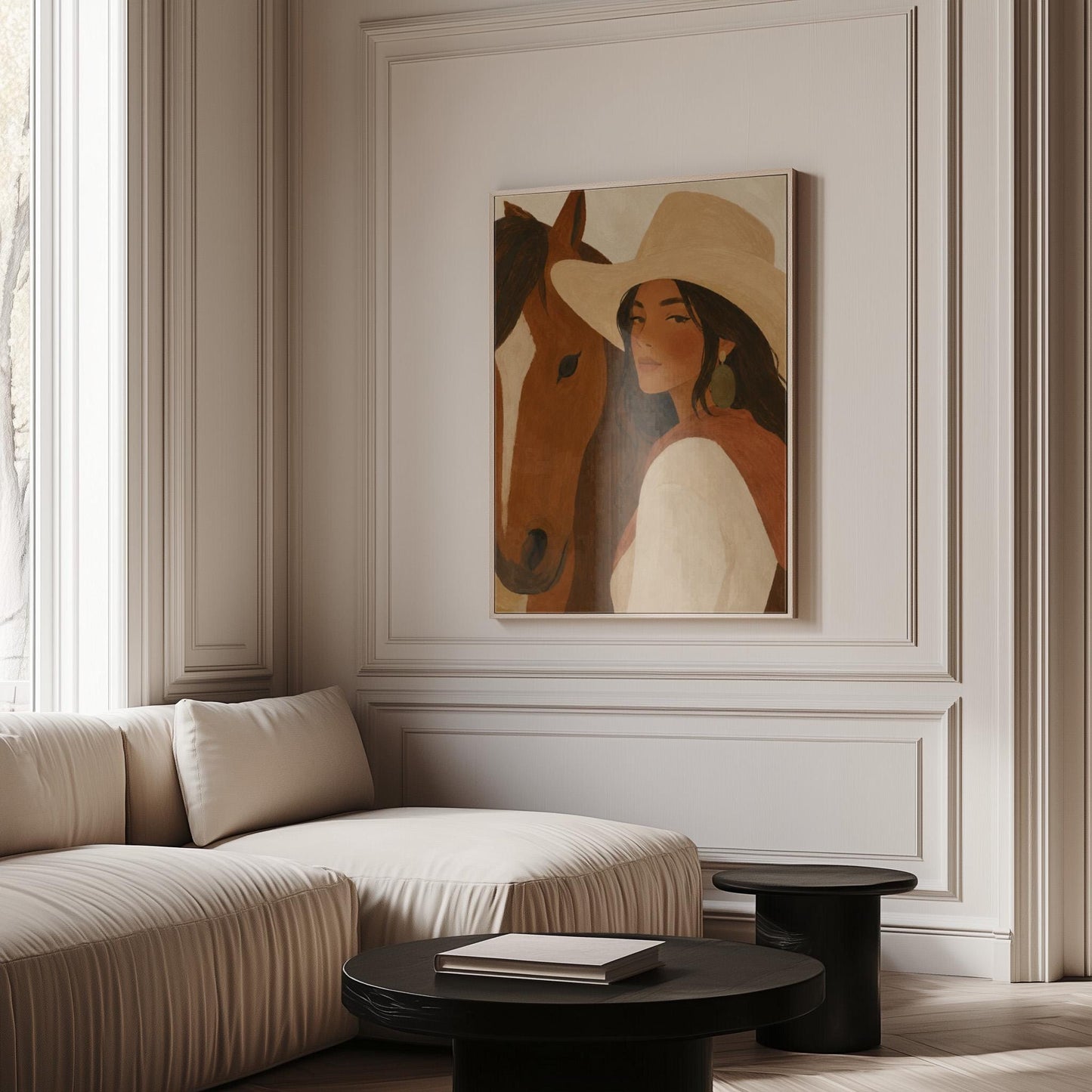 Cowgirl in a cream hat leaning cheek to cheek with a chestnut horse on warm tan, canvas print hanging in a calm, modern living space