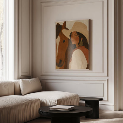 Cowgirl in a cream hat leaning cheek to cheek with a chestnut horse on warm tan, canvas print hanging in a calm, modern living space
