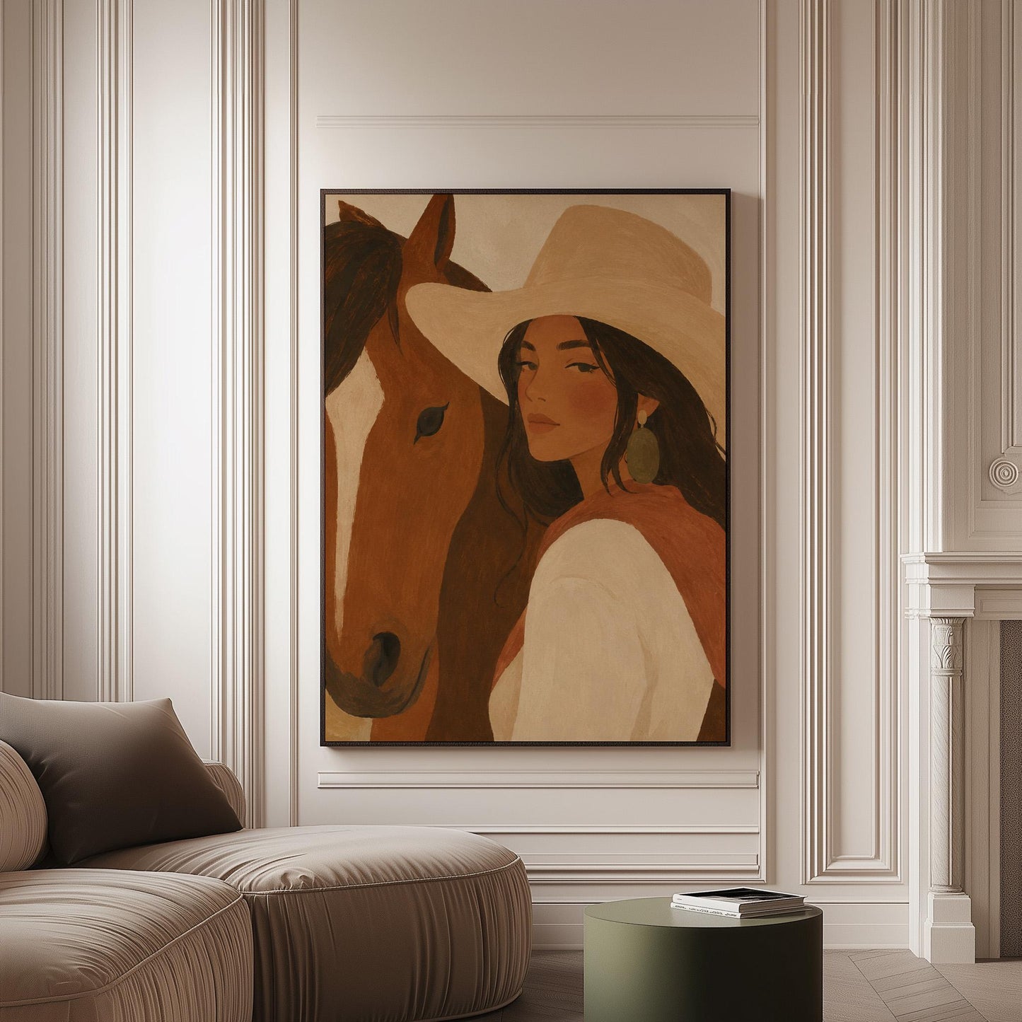 Cowgirl in a cream hat leaning cheek to cheek with a chestnut horse on warm tan, canvas print on a softly lit wall in a calm interior
