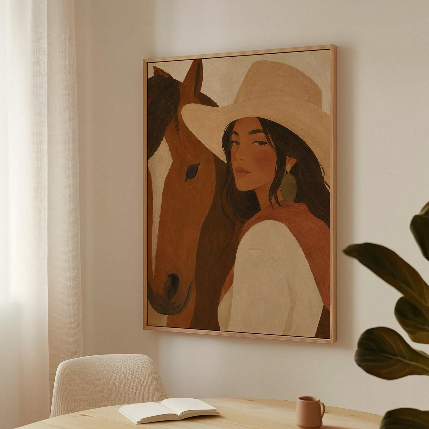 Cowgirl in a cream hat leaning cheek to cheek with a chestnut horse on warm tan, canvas print presented in a light, minimal room