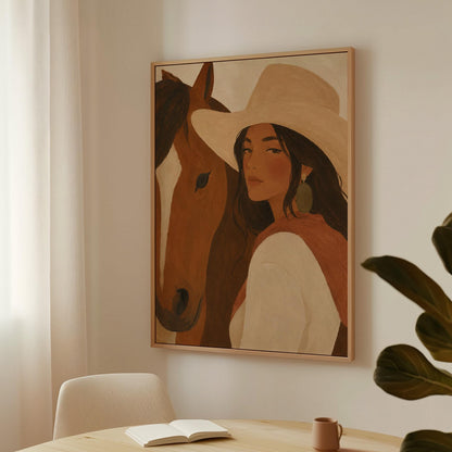 Cowgirl in a cream hat leaning cheek to cheek with a chestnut horse on warm tan, canvas print presented in a light, minimal room