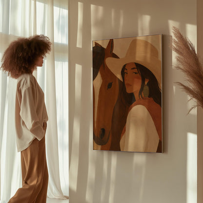 Cowgirl in a cream hat leaning cheek to cheek with a chestnut horse on warm tan, canvas print displayed on a neutral wall in a styled interior
