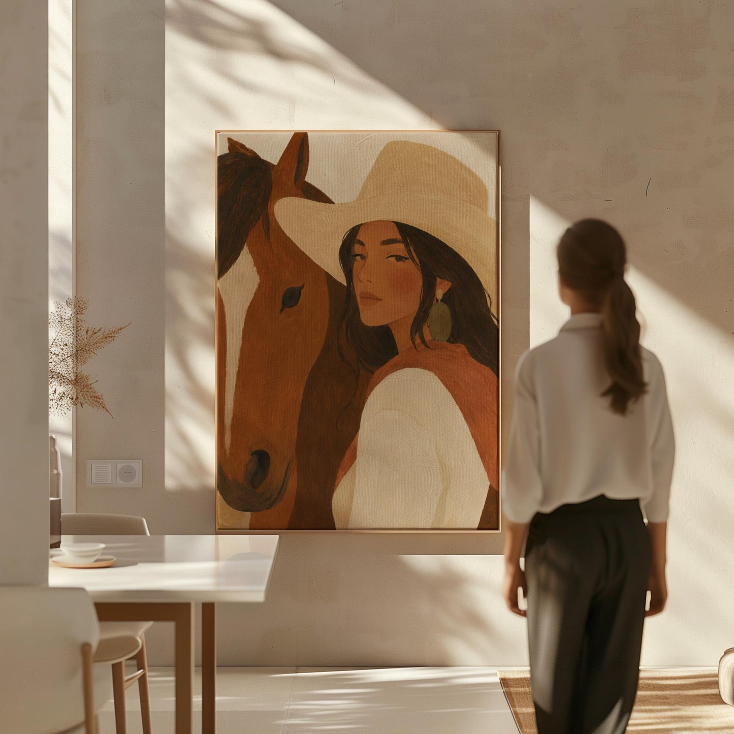 Cowgirl in a cream hat leaning cheek to cheek with a chestnut horse on warm tan, canvas print shown in a sunlit, contemporary room