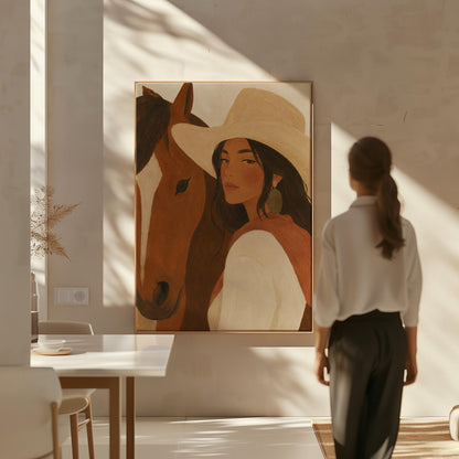 Cowgirl in a cream hat leaning cheek to cheek with a chestnut horse on warm tan, canvas print shown in a sunlit, contemporary room