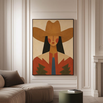 Folk cowgirl in a tan hat with rosy cheeks and a red aztec jacket on cream, canvas print on a softly lit wall in a calm interior
