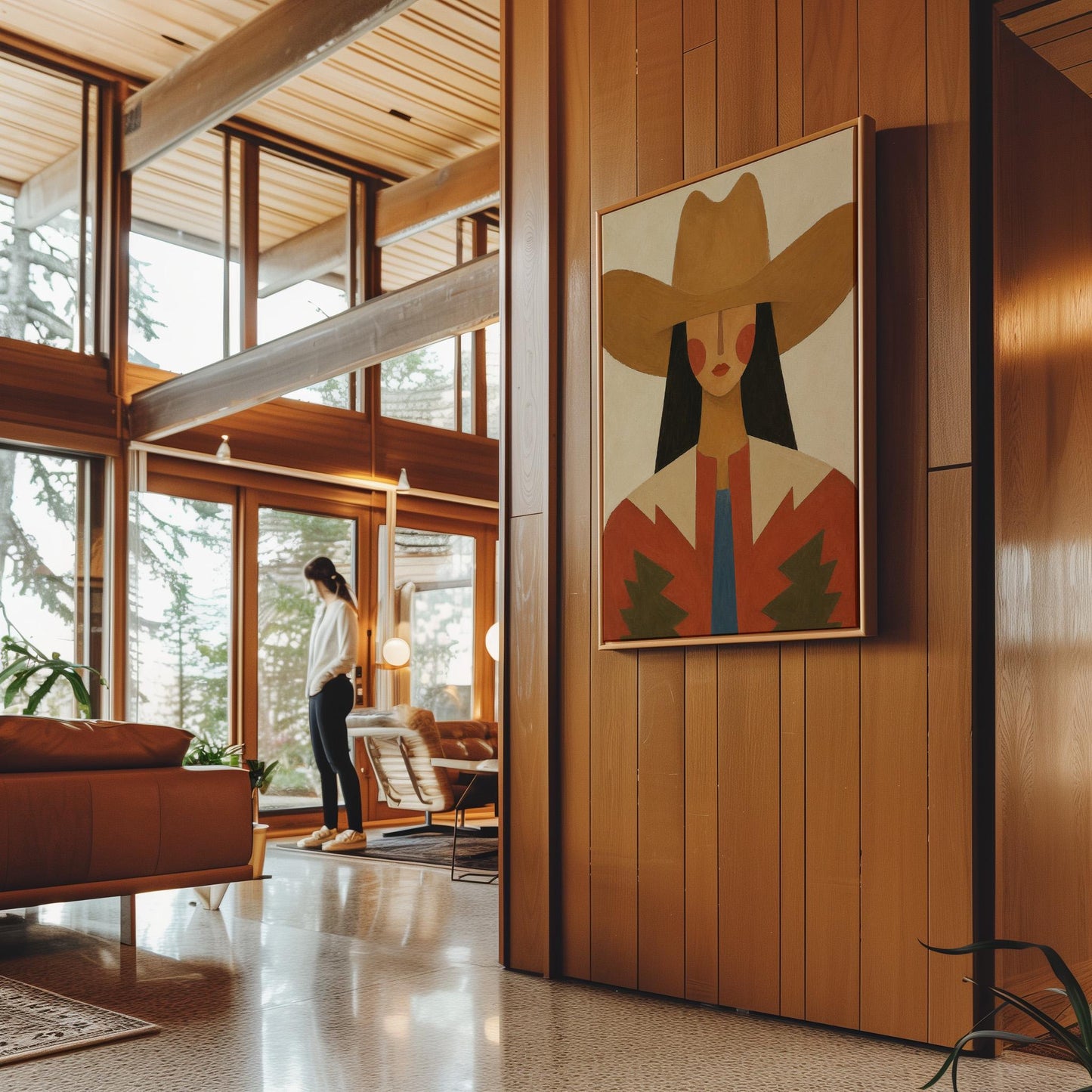 Folk cowgirl in a tan hat with rosy cheeks and a red aztec jacket on cream, canvas print shown to scale in a furnished room