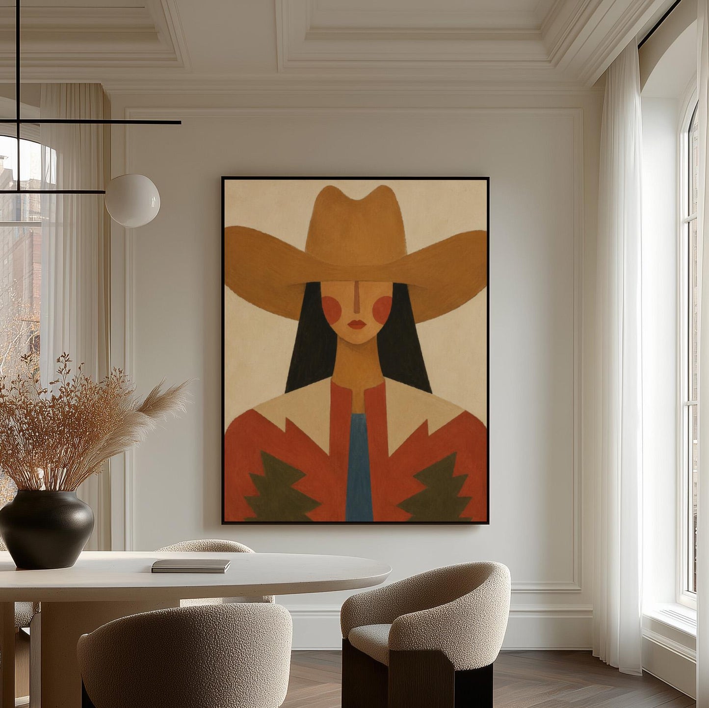 Folk cowgirl in a tan hat with rosy cheeks and a red aztec jacket on cream, canvas print displayed on a neutral wall in a styled interior
