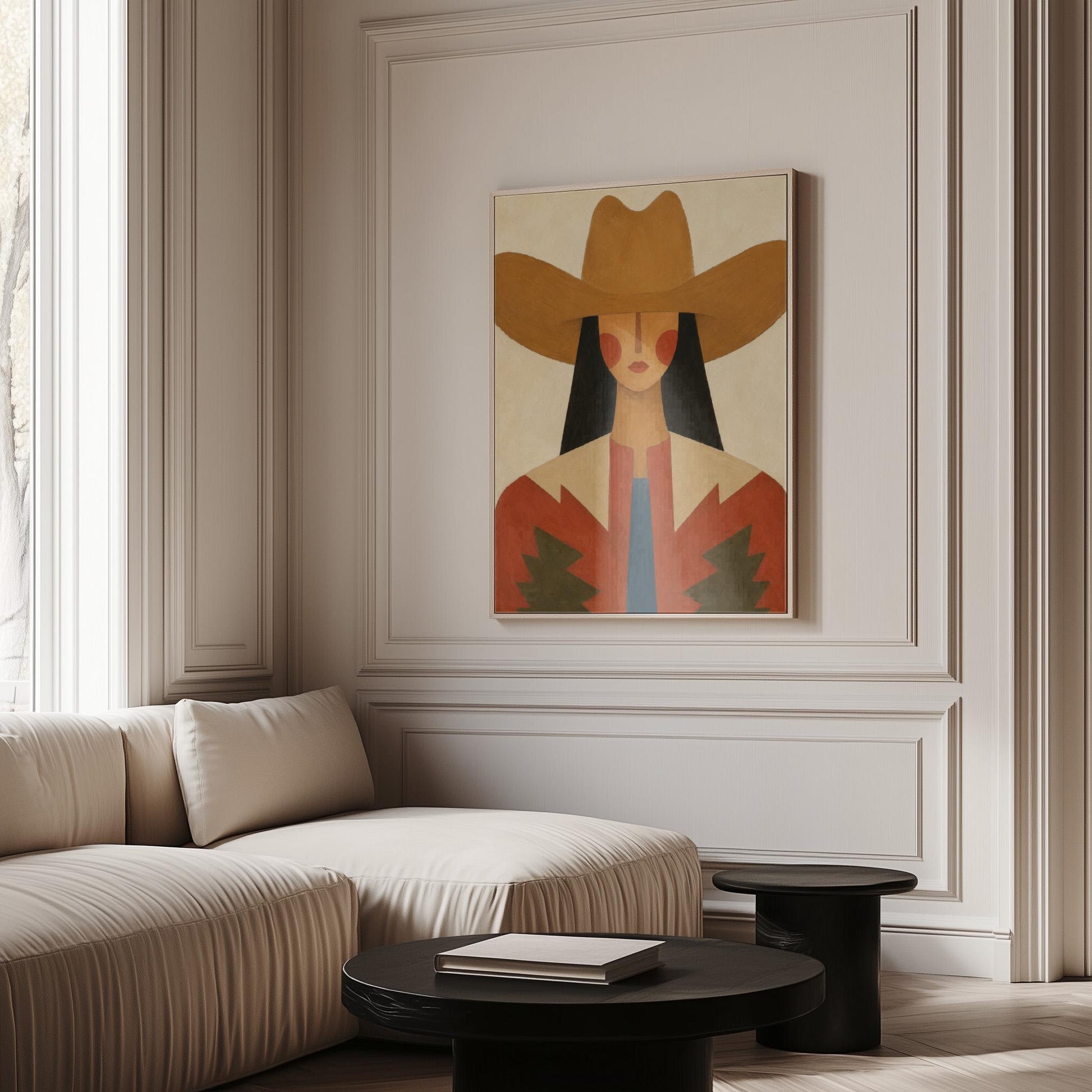 Folk cowgirl in a tan hat with rosy cheeks and a red aztec jacket on cream, canvas wall art seen in a warm interior with natural light