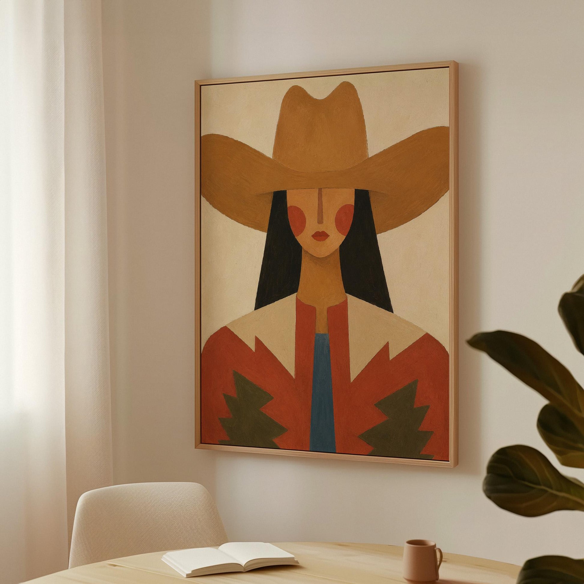 Folk cowgirl in a tan hat with rosy cheeks and a red aztec jacket on cream, canvas wall art presented in a light, minimal room