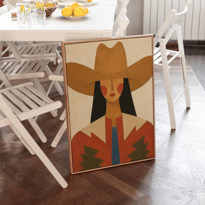Folk cowgirl in a tan hat with rosy cheeks and a red aztec jacket on cream, canvas wall art on a quiet wall in a considered interior