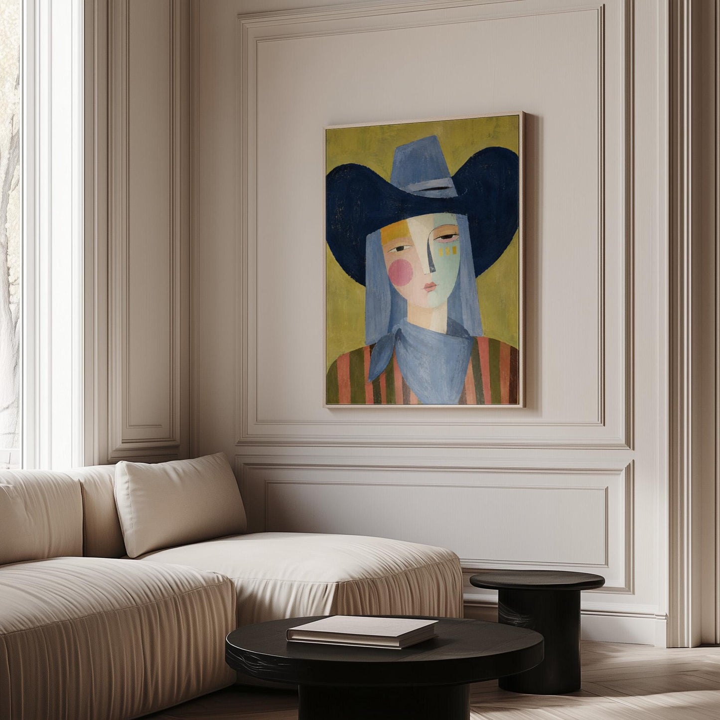 Cubist cowgirl with a big navy hat and multicolor face on olive yellow, canvas print hanging in a calm, modern living space