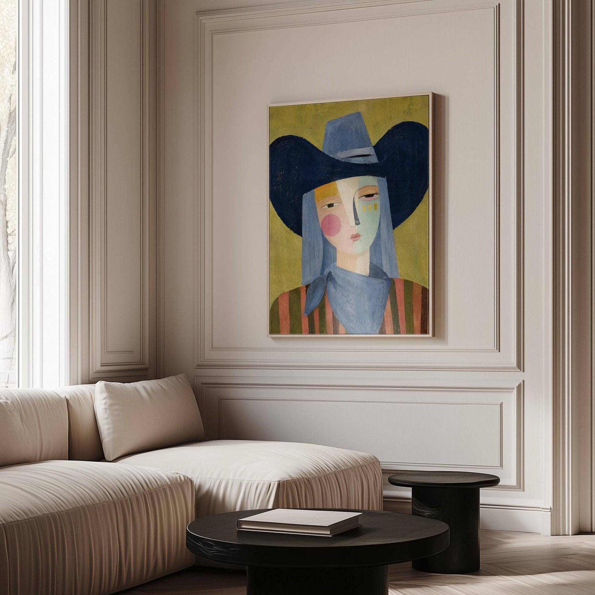 Cubist cowgirl with a big navy hat and multicolor face on olive yellow, canvas print hanging in a calm, modern living space