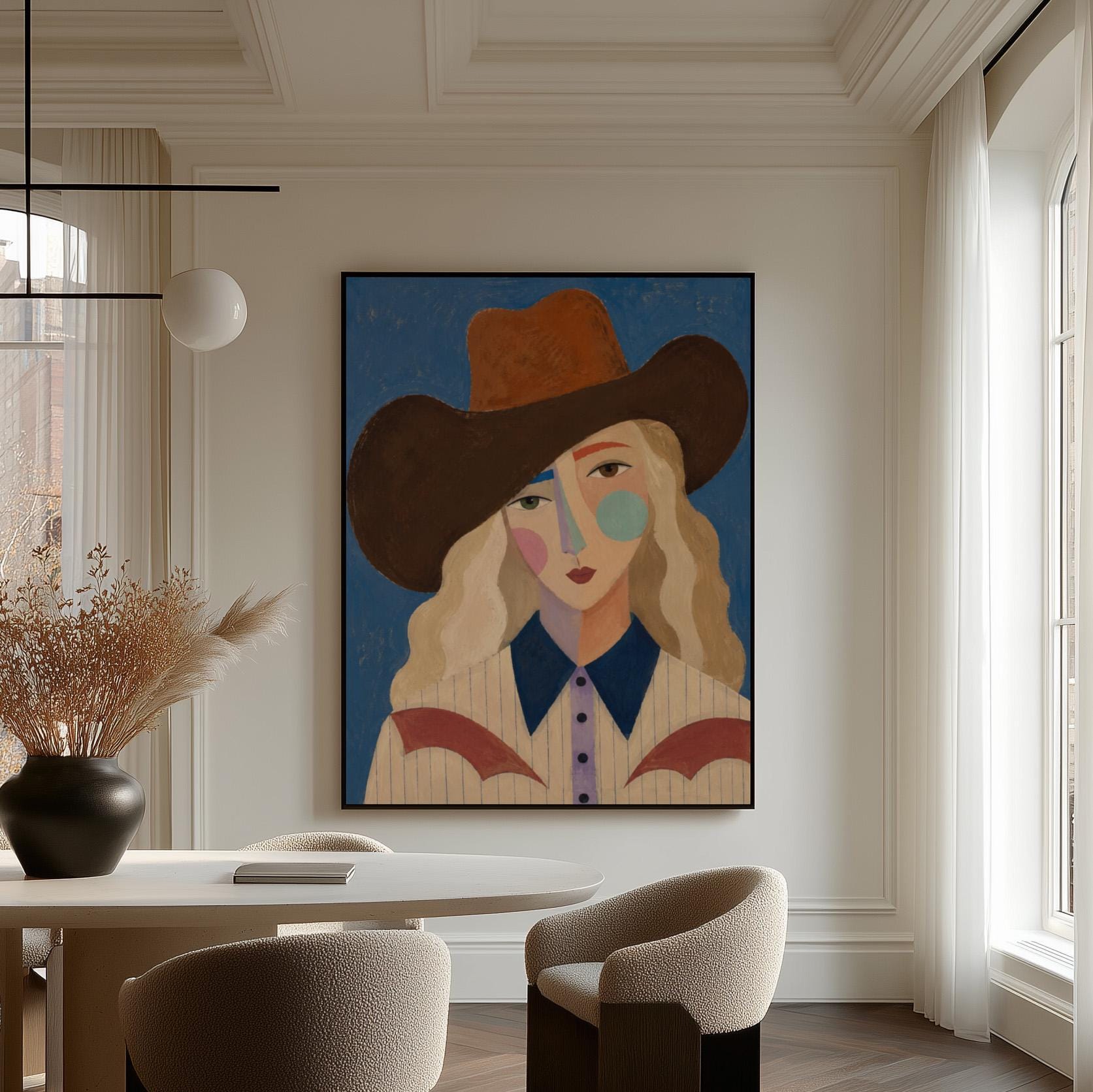 Blonde cowgirl in a rust hat with a cubist pastel face on deep blue, canvas wall art styled against a soft white wall