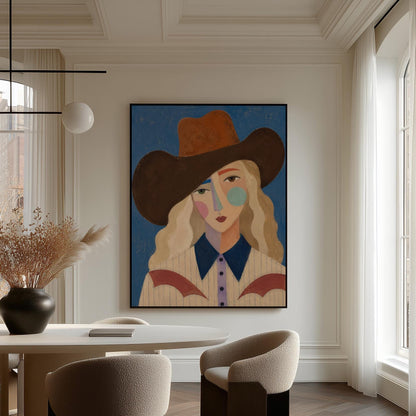 Blonde cowgirl in a rust hat with a cubist pastel face on deep blue, canvas wall art styled against a soft white wall