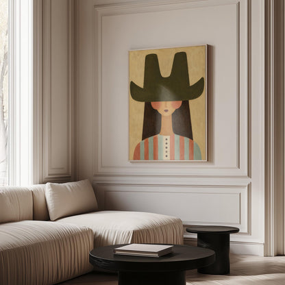 Folk cowgirl in a big green hat and striped shirt with long dark hair, canvas print shown to scale in a furnished room