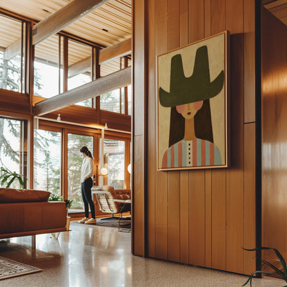 Folk cowgirl in a big green hat and striped shirt with long dark hair, canvas print displayed on a neutral wall in a styled interior