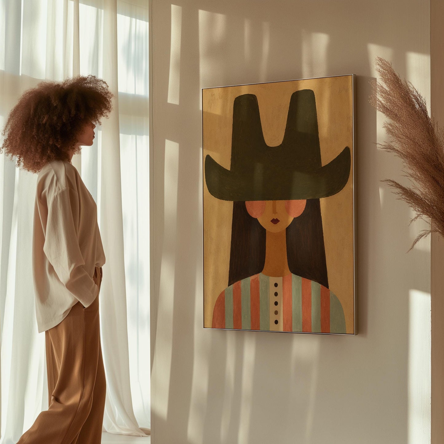 Folk cowgirl in a big green hat and striped shirt with long dark hair, canvas wall art presented in a light, minimal room