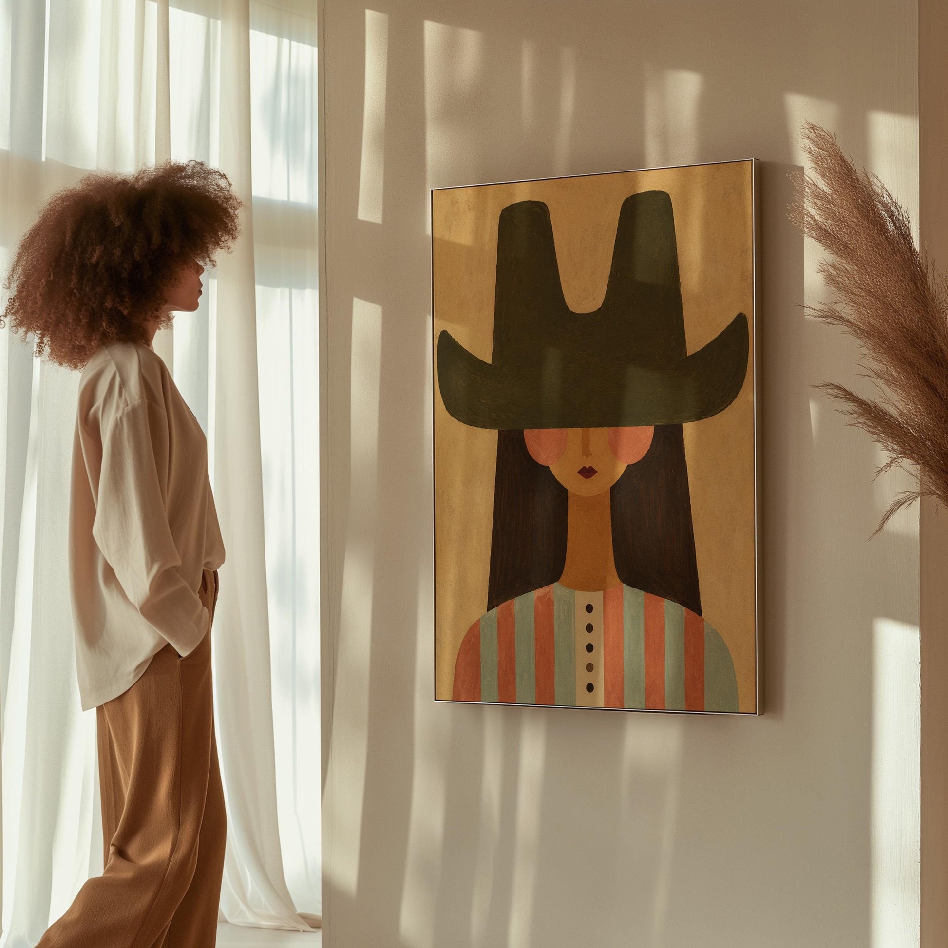 Folk cowgirl in a big green hat and striped shirt with long dark hair, canvas wall art presented in a light, minimal room