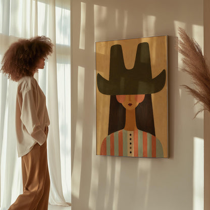 Folk cowgirl in a big green hat and striped shirt with long dark hair, canvas wall art presented in a light, minimal room